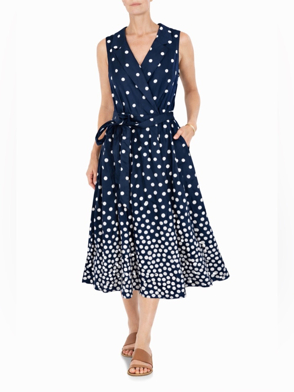 Anne Klein Polka Dot Wrap Midi Dress Navy White Belted Size 14 NWT